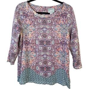 Maeve Sidney Silk Blouse Women's 4 Multi Mosaic Mixed Print Button Back Boho